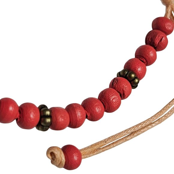 Rustic Brass Owl Charm Bracelet Red Wooden Beaded Natural Cord Tie Boho Jewelry - Picture 4 of 6